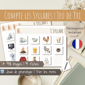 Peut inclure: Un jeu éducatif en français imprimable pour les enfants pour apprendre les syllabes. Le jeu comprend 48 images et 4 cartes. Les images sont divisées en trois catégories : 1 syllabe, 2 syllabes et 4 syllabes. Le jeu est conçu pour aider les enfants à apprendre à compter les syllabes dans les mots. Le jeu est disponible en téléchargement instantané au format A4.