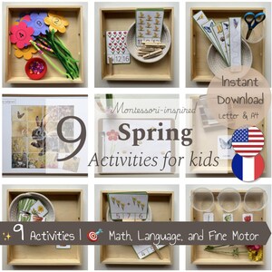 Pack d’activités de printemps – 9 activités inspirées Montessori à imprimer | Maths Langage & Motricité fine | Français et anglais | PDF