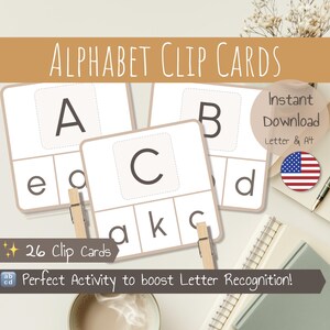 26 tarjetas con clip del alfabeto / tarjetas con clip del abecedario / correspondencia y reconocimiento de letras / letras mayúsculas y minúsculas / preescolar imprimible