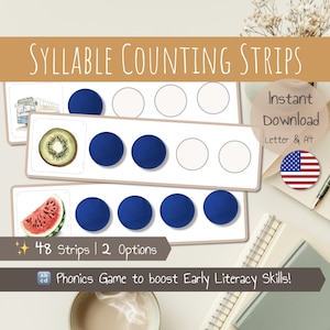 May include: Educational printable with syllable counting strips. The strips show images of a bus, kiwi, and watermelon, with blue circles and blank spaces for counting syllables. Text includes "Syllable Counting Strips" and "Phonics Game to boost Early Literacy Skills!"