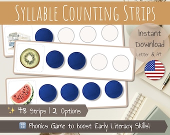 Syllable Counting Strips | Phonics Cards |  Syllable Activity | Montessori inspired | Printable