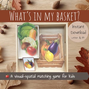 May include: A wooden box with illustrated vegetables, including a cabbage, pumpkin, apple, and eggplant. The text "WHAT'S IN MY BASKET?" is at the top, with "Instant Download" and "A visual-spatial matching game for kids" also visible.