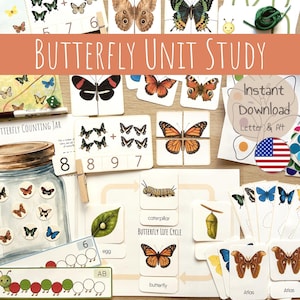 Può includere: Una collezione di materiali didattici a tema farfalle. Include flashcard con illustrazioni di farfalle, un barattolo con adesivi di farfalle e schede per contare. Il testo "BUTTERFLY UNIT STUDY" è ben visibile.