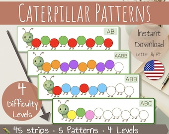 Pom-Pom Caterpillar Pattern Building | Montessori Printable Pattern Strips ab abc abb tab aabb | Preschool Printable PDF | Caterpillar Theme