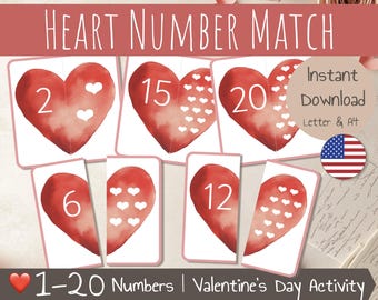 Heart Number Match 1-20  –  Printable Valentine&#39;s Day Counting Activity – Numbers 1 to 20 Matching Game –  Toddler Preschool Activity