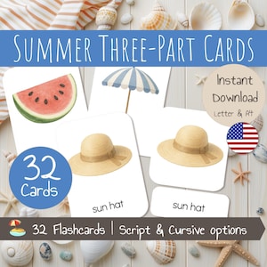 Tarjetas Montessori de verano de tres partes / 32 tarjetas de vocabulario imprimibles / Playa, mar, camping y más / Actividad para preescolar y jardín de infancia