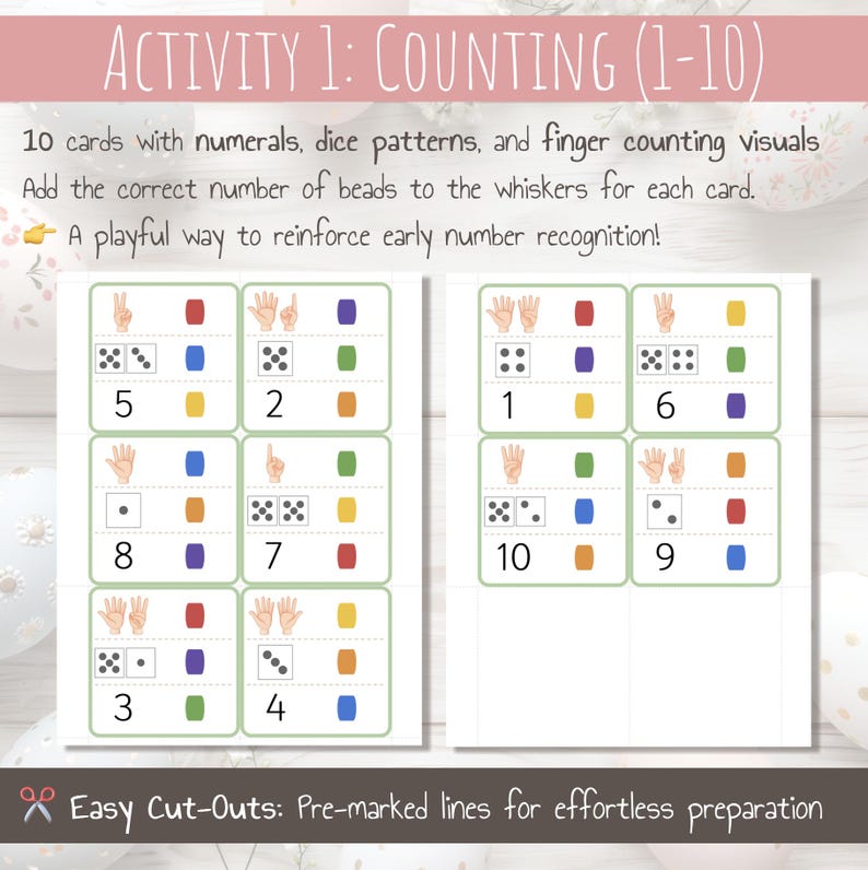 May include: Ten printable cards with numbers 1-10, dice patterns, and finger counting visuals. Each card has a space for adding beads to the whiskers.