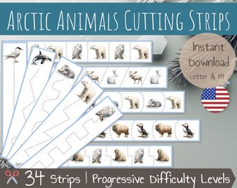 Tiras para cortar de animales del Ártico: técnicas con tijeras: práctica de corte de animales polares para desarrollar la motricidad fina: material imprimible para preescolar y jardín de infantes