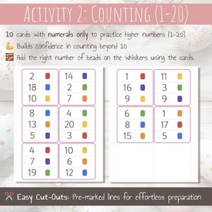 May include: A printable worksheet for kids to practice counting numbers 1 to 20. The worksheet features 10 cards with numbers 1 to 20, and a set of whiskers with spaces to add beads. The worksheet is designed to help children learn to count beyond 10.