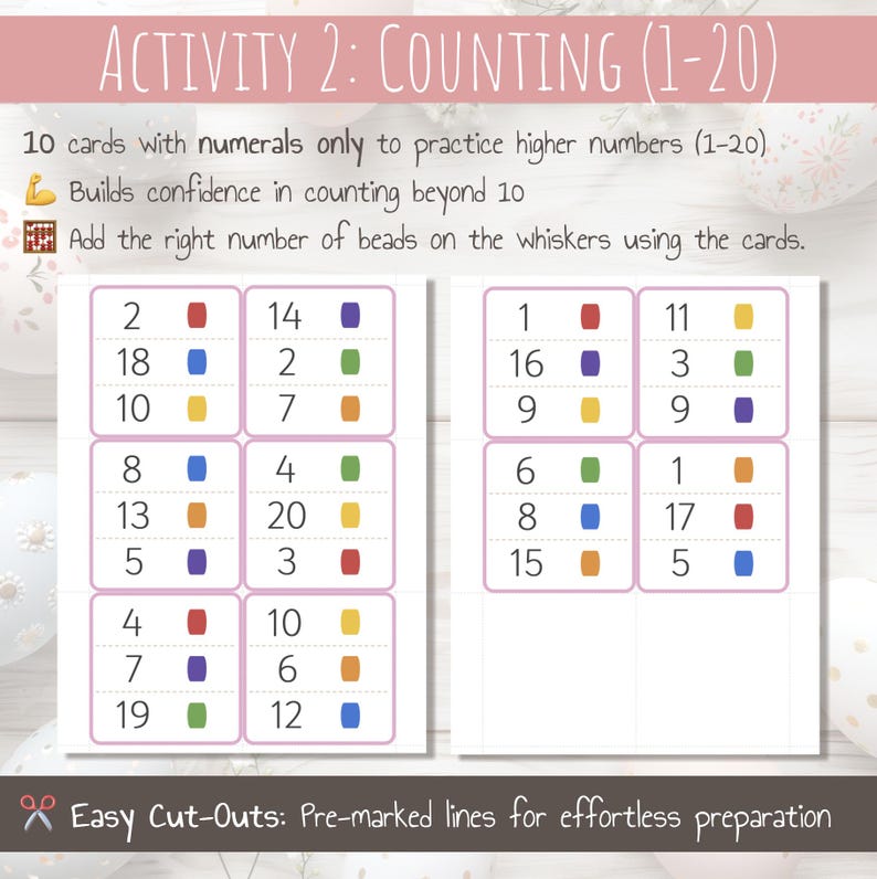 May include: A printable worksheet for kids to practice counting numbers 1 to 20. The worksheet features 10 cards with numbers 1 to 20, and a set of whiskers with spaces to add beads. The worksheet is designed to help children learn to count beyond 10.