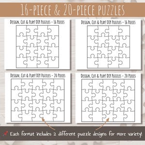 May include: Four black and white printable puzzle templates. Two templates are for 16-piece puzzles and two templates are for 20-piece puzzles. The text "DESIGN, CUT & PLAY! DIY PUZZLES" is at the top of each template.