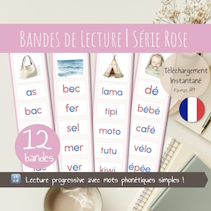 French Montessori Pink Series 12 Progressive Reading Strips | CVC words | Early Reading Printable PDF