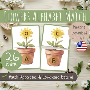 Alfabeto de primavera / Actividad de combinación de flores / Letras mayúsculas y minúsculas de flores / Actividad imprimible para preescolar