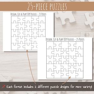 May include: Two printable 25-piece puzzle templates. Each template features a different puzzle design. The text "DESIGN, CUT & PLAY! DIY PUZZLES - 25 PIECES" is printed above each puzzle.