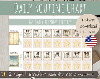 Tabella delle responsabilità quotidiane – Routine quotidiana – Tabella delle faccende per bambini – Attività quotidiane – Checklist mattutina e serale – PDF stampabile