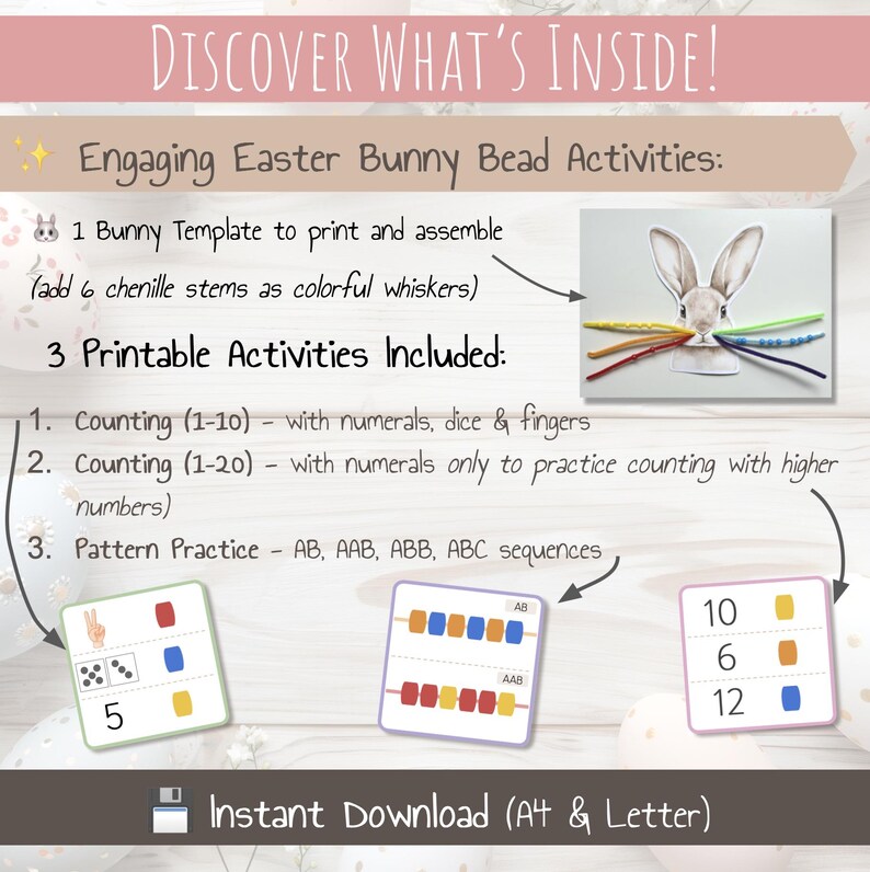 May include: Printable Easter bunny bead activities for kids. Includes a bunny template, counting activities with numbers and dice, and pattern practice with beads.