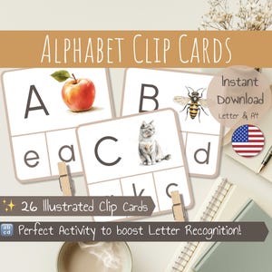 26 Cartões de clipe do alfabeto | Cartões de clipe ABC ilustrados | Correspondência e reconhecimento de letras | Letras maiúsculas e minúsculas | Pré-escola para impressão