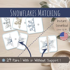 Puzzles d’Association Flocons de Neige – Jeu de Correspondance français – 24 Paires – Activité Montessori - Thème Hiver – PDF à télécharger