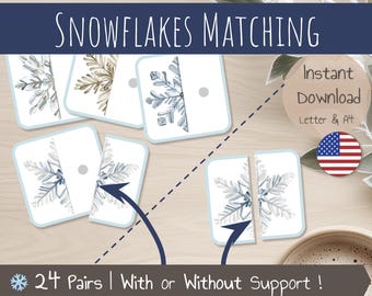 May include: A set of snowflake matching cards with a watercolor design in shades of blue and gray. The cards are arranged on a light wood surface, with the text "SNOWFLAKES MATCHING" at the top. The image also includes the text "Instant Download" and "24 Pairs | With or Without Support!"