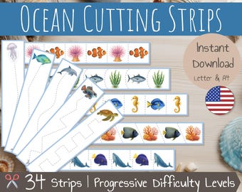 Ocean Animals Cutting Strips | Scissor Skills | Cutting Practice for Fine Motor Skills | Sea Life Scissor Skills | Preschool & Kindergarten
