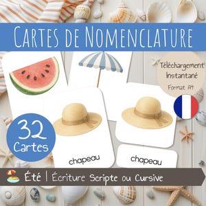 32 Cartes de Nomenclature en français – Thème Été – Cartes Montessori – Images classifiées – Cartes en 3 Parties - PDF à télécharger