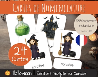 Könnte beinhalten: Halloween-Themen-Lernkarten mit Illustrationen einer Hexe, eines Spukhauses und einer Zaubertrankflasche. Die Karten tragen die Aufschrift "CARTES DE NOMENCLATURE" und "Halloween | Écriture Scripte ou Cursive".