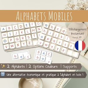 Alfabeto móvel Montessori francês com tapetes de construção de palavras | Letras maiúsculas e minúsculas | Inspirado em Montessori | Para imprimir