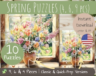 4, 6 & 9 Pieces Spring Printable Puzzles | 10 Fun and Easy Prep Puzzles | Preschool and Kindergarten Printable Activity