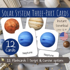 12 Cartes de Nomenclature en français – Thème Système Solaire – Cartes Montessori Planètes – Images classifiées - Cartes en 3 Parties - PDF