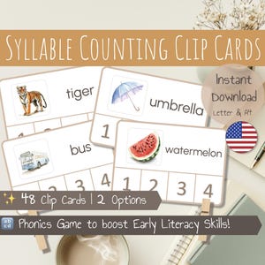 Phonologie Cartes à Pince Compter les syllabes | 48 images | Atelier phonologie | Cartes en anglais | Ressource Éducative Montessori