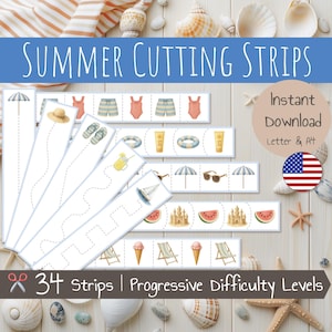 Summer Cutting Strips | Scissor Skills | Cutting Practice for Fine Motor Skills | Beach Sea Vacation | Preschool & Kindergarten Printable