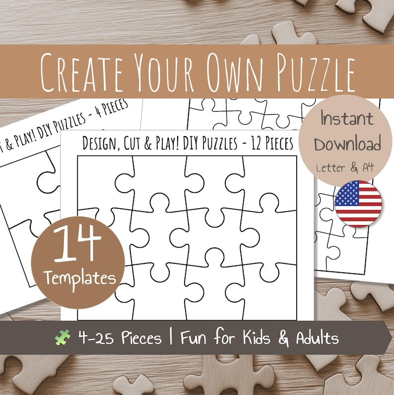 Puzzle Templates 4 to 25 Pieces | Create Your Own Puzzle | Custom DIY Puzzle | Jigsaw Puzzle for Kids | Printable PDF -not editable image 1
