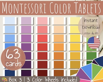 May include: Montessori color tablets arranged in rows, showcasing a variety of hues. The image includes text that reads "Montessori Color Tablets", "Instant Download", "63 cards", and "Box 3 | 3 Color Wheels included". An American flag is also visible.