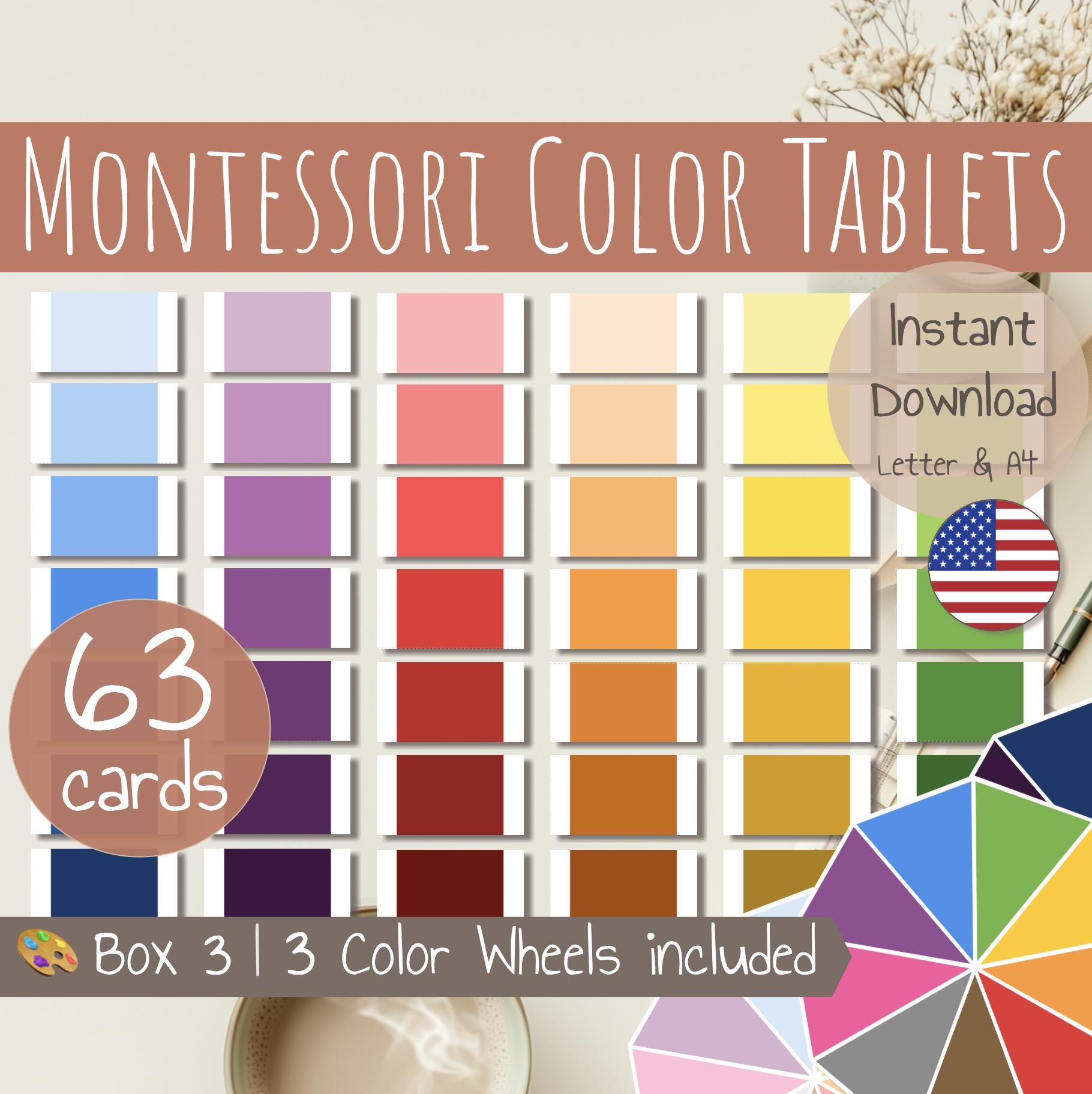 Montessori Color Tablets Box 3 | 63 Cards + 3 Wheels | Printable Visual ...