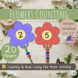 Puede incluir: Una actividad de conteo de flores imprimible para niños. La imagen muestra dos formas de flores con los números 2 y 5 en ellas. Las flores están unidas a limpiapipas con cuentas enhebradas en ellas. El texto "Flowers Counting" está en la parte superior de la imagen. El texto "Instant Download Letter & A4" está en la esquina superior derecha de la imagen. El texto "20 Flowers" está en la esquina inferior izquierda de la imagen. El texto "Counting & Bead Lacing Fine Motor Activity!" está en la parte inferior de la imagen.