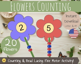 Flower Counting and Bead Lacing Activity – Numbers 1 to 20 Counting Game – Spring Counting Game – Toddler Preschool Activity