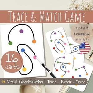 Peut inclure: Un jeu d'apprentissage avec le texte "Trace & Match Game" comprenant 16 cartes. Les cartes ont des lignes noires et des points colorés. Le texte "Visual Discrimination | Trace • Match • Erase" est également visible.