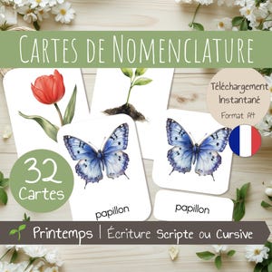 32 Cartes de Nomenclature en français – Thème Printemps – Cartes Montessori – Images classifiées – Cartes en 3 Parties - PDF à télécharger