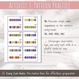 May include: A printable activity sheet with six cards featuring colorful bead patterns. The cards are labeled with the patterns: AB, AAB, ABB, and ABC. The activity encourages observation, logic, and early math skills.
