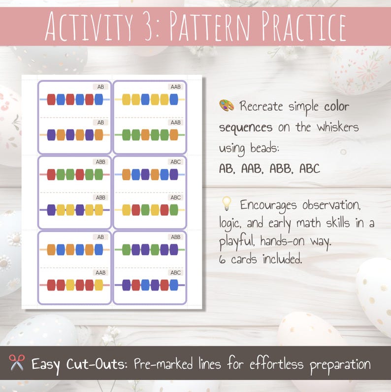 May include: A printable activity sheet with six cards featuring colorful bead patterns. The cards are labeled with the patterns: AB, AAB, ABB, and ABC. The activity encourages observation, logic, and early math skills.