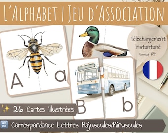 French 26 Alphabet Matching Cards | Alphabet Match | Illustrated ABC Cards | Letters Recognition | Uppercase & Lowercase Letters | Printable