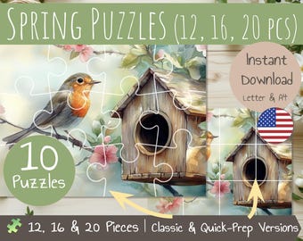 12, 16 & 20 Pieces Spring Printable Puzzles | 10 Fun and Easy Prep Puzzles | Preschool and Kindergarten Printable Activity