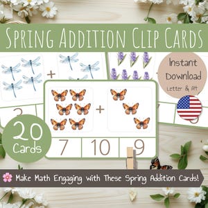Tarjetas con clips para sumar en primavera: 20 tarjetas imprimibles para contar y recortar: números del 1 al 10: actividad preescolar: preescolar y jardín de infantes