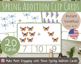 Spring Addition Clip Cards – 20 Printable Count and Clip Cards – Numbers 1 to 10 – Preschool Activity – Preschool and Kindergarten