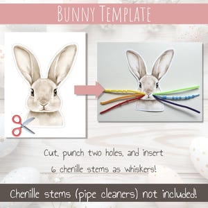 May include: Printable bunny template with a dotted line for cutting out. The template shows a bunny face with large ears. The text "BUNNY TEMPLATE" is at the top of the image. The text "Cut, punch two holes, and insert 6 chenille stems as whiskers!" is below the image. The text "Chenille stems (pipe cleaners) not included!" is at the bottom of the image.
