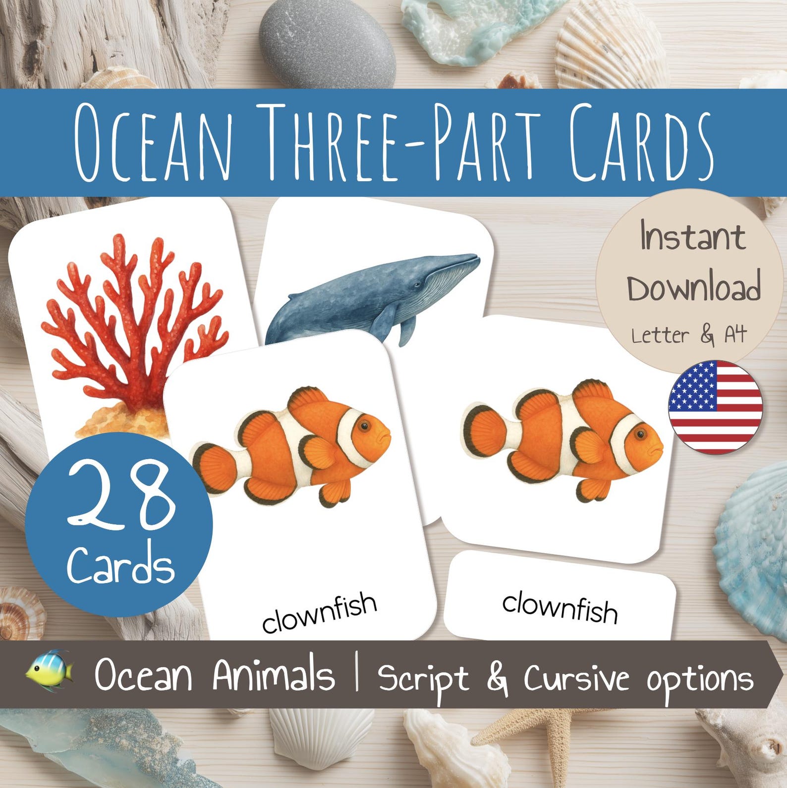 Ocean Animals Montessori Three-part Cards | 28 Printable Marine Animals ...