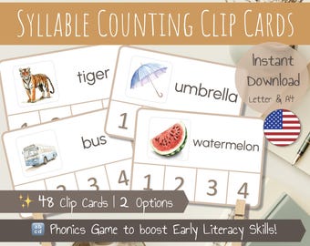 Syllable Counting Clip Cards | Phonics Cards | Count & Clip Cards |  Syllable Activity | Montessori inspired | Printable