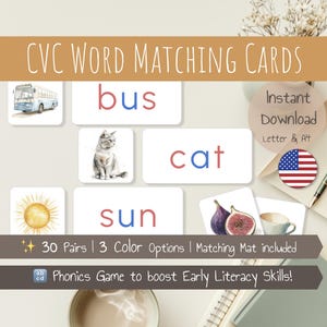 May include: CVC word matching cards with illustrations of a bus, cat, and sun. The cards include the words "bus", "cat", and "sun". The image also includes the text "Instant Download" and "Phonics Game to boost Early Literacy Skills!"