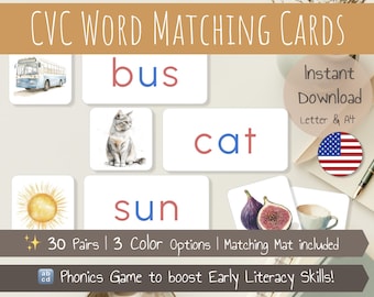 CVC Words & Pictures matching | Phonics Cards | Matching Cards | Montessori inspired | Printable