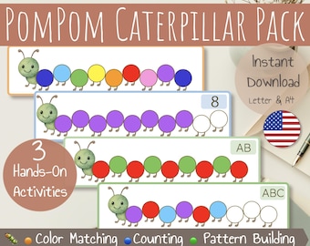 Pom-Pom Caterpillar Learning Pack | Color Matching, Counting & Patterns | Montessori Printable Fine Motor Activity | Preschool Printable PDF